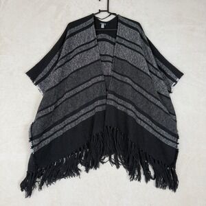Aerie Woven Kimono Poncho Shawl Black White Fringe Cotton One Size Western Boho